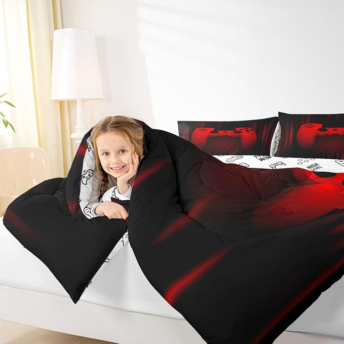 Feelyou Boys Gamer Comforter Set - Toddler Size Gaming Bedding Set for Kids & Teens - Super Soft Red & Black Bed Set with Geometric Duvet & Quilted Gamer Gift