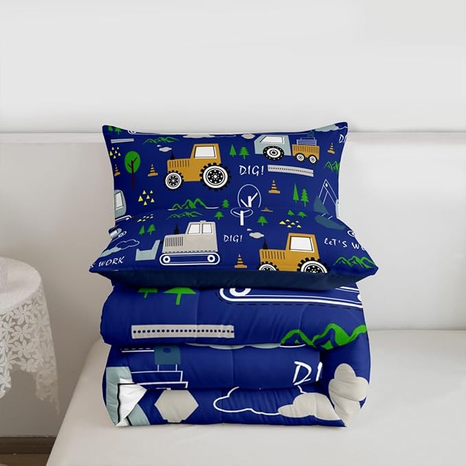 Feelyou Construction Comforter Set All Season Equipment Trucks Bedding Set with 1 Pillow Cases Excavator Tractor Kids Twin Bedclothes Construction Vehicles Bedroom Decor Blue Yellow Duvet Quilt
