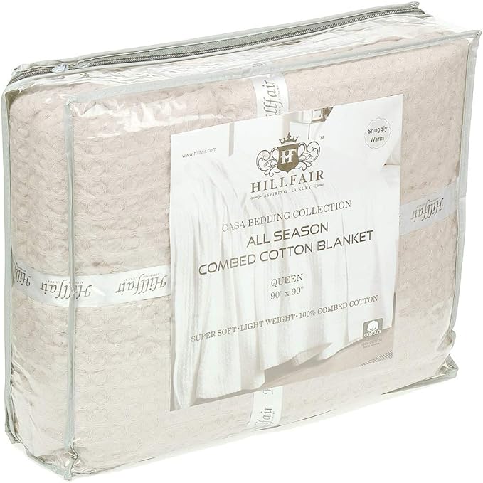 HILLFAIR 100% Combed Cotton Blanket– Queen Size Bed Blanket– Warm Soft All Season Breathable Lightweight Summer Blankets– Waffle Weave Home Decor Bed Blanket- Ivory Queen Bed Cotton Blankets/Bedcover