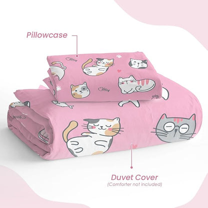 Cat Duvet Cover Sets Twin Size for Kids Girls, Include 1 Polyester Comforter Cover 68x86 Inches and 1 Pillowcase 20x26 Inches, Comforter Not Included, Gift for Christmas Birthday