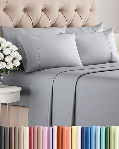 Queen Sheets Set 6 Piece - Includes 4 Pillowcases - Bed Sheets Queen Size - Soft Hotel Luxury Bedding - Cooling, Comfy and Breathable - 1 Flat & 1 Fitted & 4 Pillowcases w/ Deep Pockets - Steel Blue