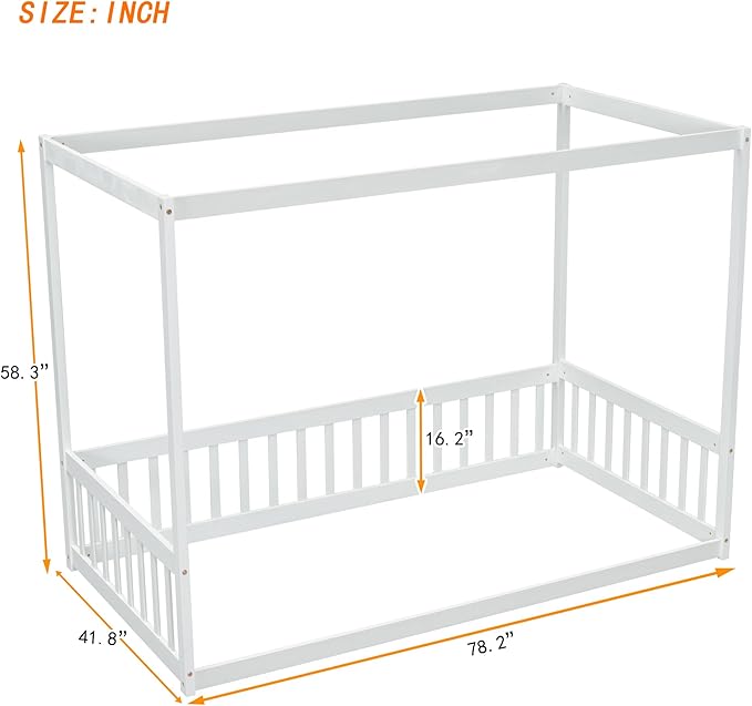 MERITLINE Full Canopy Bed Frame with Fence,Solid Wood Montessori Floor Bed with Guardrail, Easy to Assemble (White)