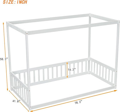 MERITLINE Full Canopy Bed Frame with Fence,Solid Wood Montessori Floor Bed with Guardrail, Easy to Assemble (White)