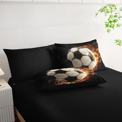Soccer Print Comforter 7Pcs Gaming Sport Flame Soccer Bedding Set for Kid Teen Girl Boy Adult Sports White Black Football Quilt Bed Set Full with 2 Sheets,2 Pillowcases,2 Throw Pillow Covers