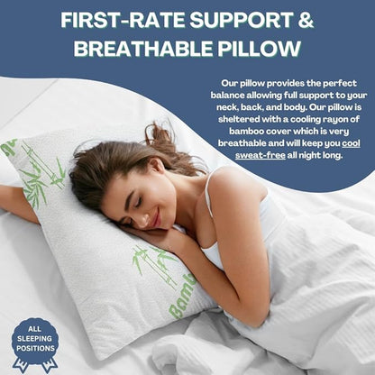 Rayon Derived from Bamboo Pillows Standard Size Set of 2 - Adjustable Shredded Memory Foam for Sleeping - Cooling & Breathable Pillowcase with Zipper - Back, Stomach, Side Sleeper 26x20 Inch