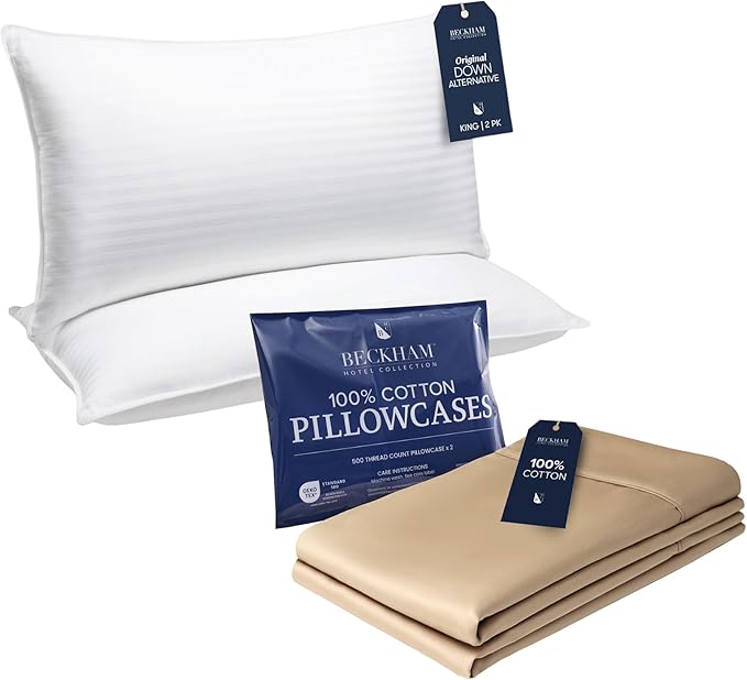 Beckham Hotel Collection Bed Pillows with Cotton Pillowcases King Size Sets of 2, Soft Down Alternative Pillows for Sleeping, Open End Cases for Easy Changing, Sand