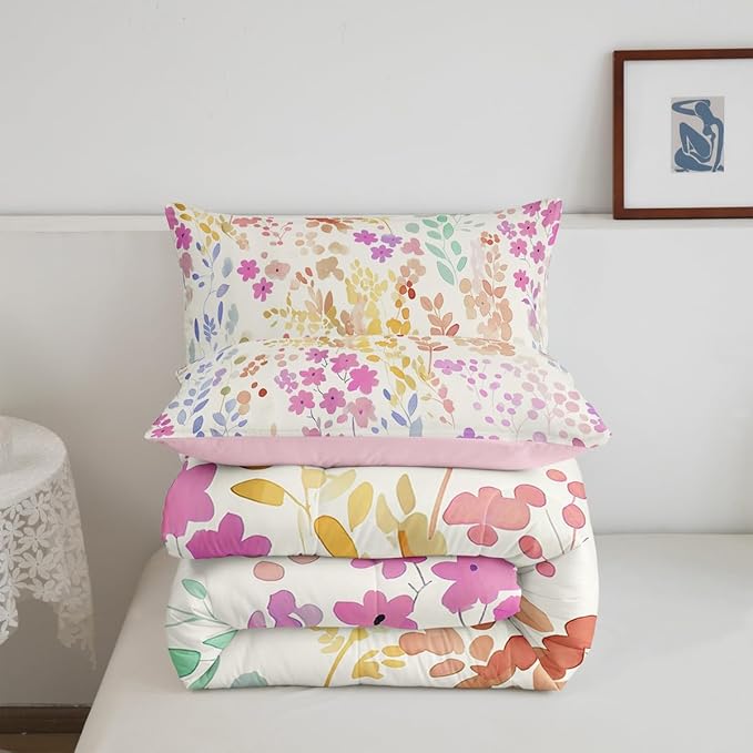 Erosebridal Cute Pink Floral Twin Comforter Set for Girls Women Kids,Watercolor Wild Flower Bedding Set Boho Bedroom Decor,Rustic Country Flowers Quilt Bed Set Wildflower Bed Comforter Set 2Pcs