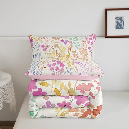 Erosebridal Cute Pink Floral Queen Comforter Set for Girls Women Kids,Watercolor Wild Flower Bedding Set Boho Bedroom Decor,Rustic Country Flowers Quilt Bed Set Wildflower Bed Comforter Set 3Pcs