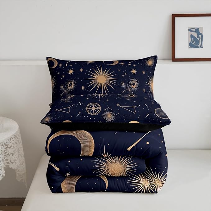 Feelyou Stars Print Comforter Set for Girls Boys Kids Full Size Bohemia Comforter Room Decor Moon Bedding Set Medium Blue Duvet Set