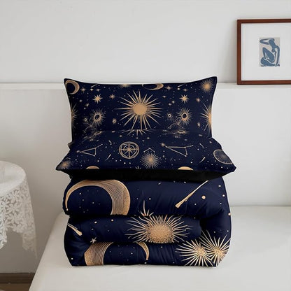 Feelyou Stars Print Comforter Set for Girls Boys Kids Full Size Bohemia Comforter Room Decor Moon Bedding Set Medium Blue Duvet Set