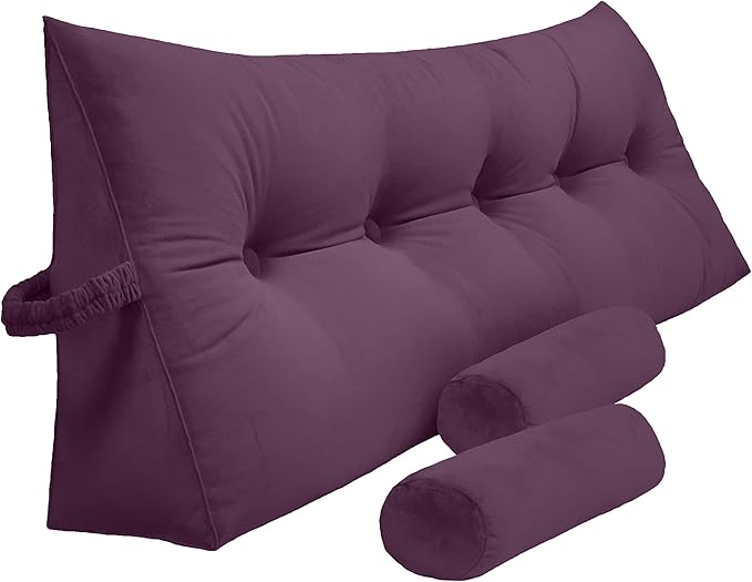 Triangular Reading Bedrest Pillow Large Bolster Cushion Headboard Backrest Wedge Pillow with Two Detachable Roll Pillows for Neck & Lumbar Support (Purple, California King 71x8x20 inches)