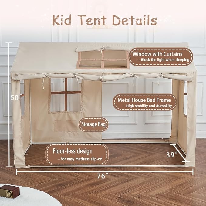 Twin Bed Tent Indoor Bed Canopy Kids Tents for Girls Boys with 2 Doors, Breathable Private Space Floor Fort Bed Tents for Kids Sleeping Tent (Twin, Khaki)