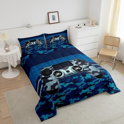 Feelyou Gamer Comforter Set Camouflage Gaming Video Game Bedding Set for Kids Boys Children Blue Camo Gamer Console Comforter Soft Gamepad Decor Quilt Set Twin Size