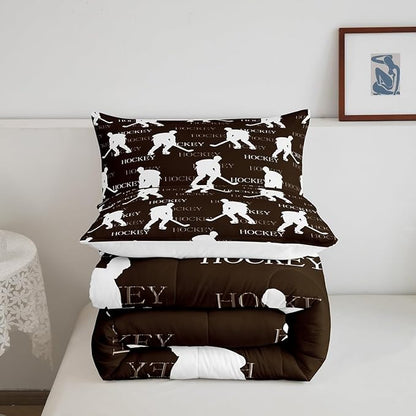 Castle Fairy Ice Hockey Comforter Set,Brown Hockey Player Bedding Set for Kids Girls Women,Adults Winter Sports Comforter,Hockey Sports Event Quilted Duvet Set Bedroom Collection Twin Size 2Pcs