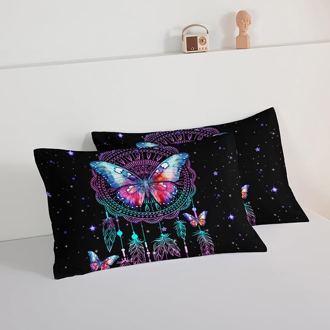 HOSIMA Dream Catcher Tween Bedding Sets for Girls,Butterfly Feather Dream Stories Comforter Set Kidcore Room Decor Aesthetic Galaxy Starry Black Comforter Full Size with 2 Pillowcases.