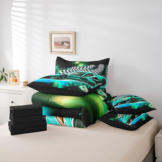 Feelyou Teal Racing Car 7 Piece Bedding Set Queen Size Extreme Sport Comforter Set with Sheets for Kids Boys Girls Teens Toddler Fast and Furious Bed in a Bag Black White Flag Bed Set