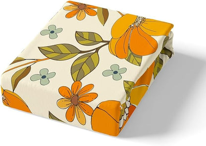 Retro Flowers Full Size Duvet Cover Set,Watercolor Yellow Floral Green Leaves Plant Comforter Cover with 2 Pillowcases,3pcs,70s Trippy Daisy Polyester Bed Spread for Boys Teens Bedroom Decor