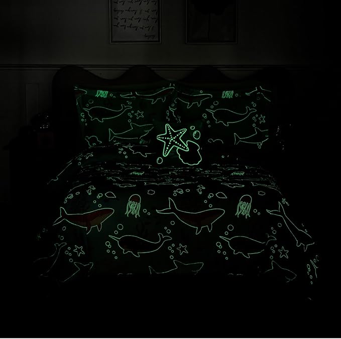 Glow in The Dark Kids Comforter Set Full Size for Girls, Ocean Animals Bedding Set 1 Comforter, 1 Decor Pillow, 2 Pillow Shams