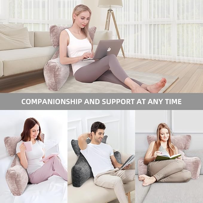 SUNSIDE Reading Pillow with Thickened Arm,Back Pillows for Sitting in Bed,Shredded Memory Foam Bed Rest Pillow with Side/Back Pocket,Backrest Cushion Suitable for Reading, Relaxing(Standard Pink)