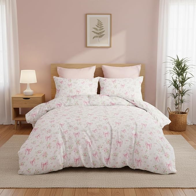 Duvet Cover Queen 3Pcs Pink Floral Bow Bedding Set for Girls Kids,Cute Princess Style Bowknot Bedding,Ultra Soft Garden Flower Bedding with 2 Pillowcases(No Comforter)