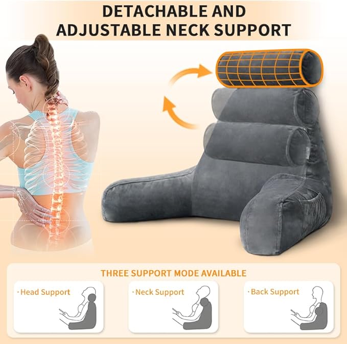 Reading Pillow for Sitting in Bed with Detachable Neck Roll & Big Bed Backrest Pillow Back Support Pillow Chair Pillow with Washable Cover for Adult with Arms and Side Pocket Shredded Foam