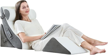4PCS Orthopedic Bed Wedge Pillow Set, Post Surgery 45D Memory Foam for Back, Neck, and Leg Pain Relief Pleasing & Adjustable Support Pillows-Ease Acid Reflux & GRED with Better Sleep, White Dark Grey