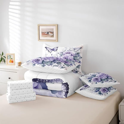 Feelyou Light Purple Rose 7 Piece Bedding Set King Size Butterfly Comforter Set with Sheets for Women Girls Teens Floral Flower Bed in a Bag Romantic Bed Set