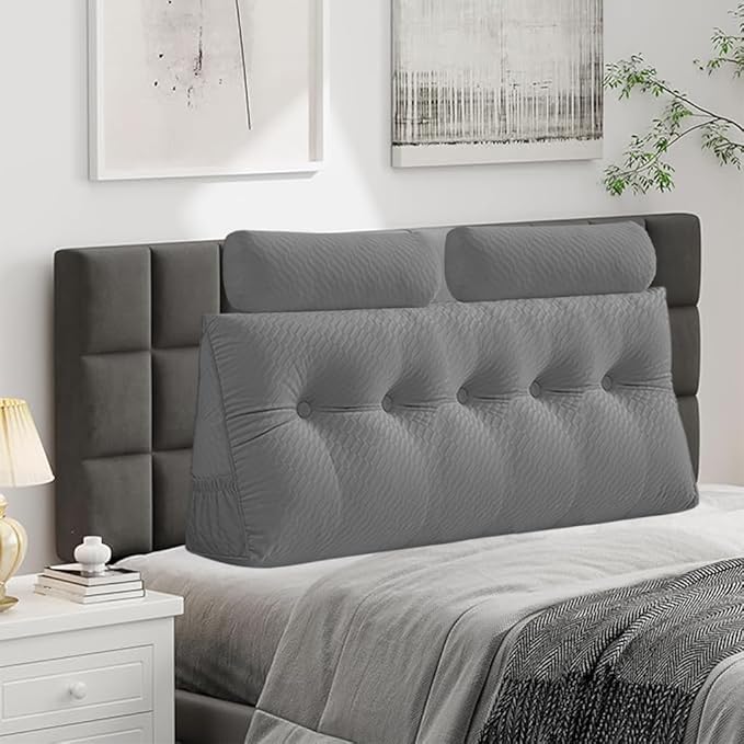 Velvet Triangular Headboard Wedge Pillow With Roll Pillow,Removable Cover Headboard Pillow Daybed Bunk Bed,Backrest Positioning Support Pillow Resting Reading Relaxing (Grey, Queen(59 * 20 * 8in))