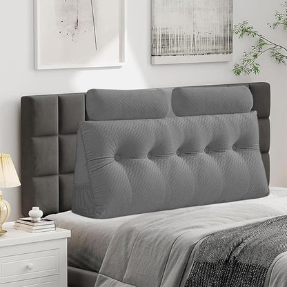 Velvet Triangular Headboard Wedge Pillow With Roll Pillow,Removable Cover Headboard Pillow Daybed Bunk Bed,Backrest Positioning Support Pillow Resting Reading Relaxing (Grey, Queen(59 * 20 * 8in))