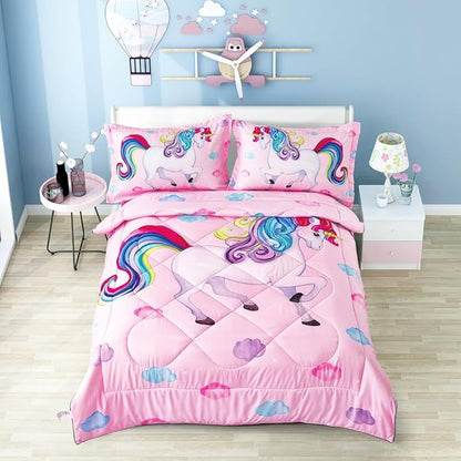 Wowelife Unicorn Full Size Bedding Set 5 Pieces Pink 3D Kids Comforter Sets Breathable with Comforter, Flat Sheet, Fitted Sheet and 2 Pillowcases