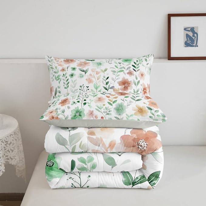 Erosebridal Cute Floral Toddler Bedding Set,Sage Green and Beige Flower Comforter Set for Kids Girls,Boho Leaf Botanical Plant Quilt,Rustic Farmhouse Bedroom Decor,1 Pillowcase Breathable