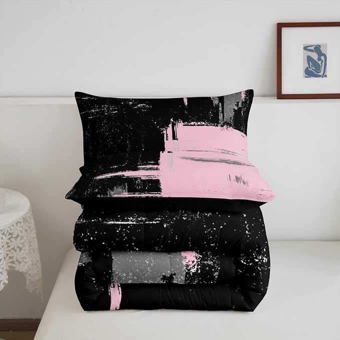 Pink Black Abstract Duvet Quilt Twin Size Geometric Bedding Set for Kids Boys Girls Decor Modern Art Comforter Set Breathable Soft Lightweight Microfiber Buffalo Check Bedroom Decor Bedclothes