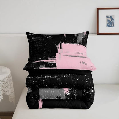 Pink Black Abstract Duvet Quilt Full Size Geometric Bedding Set for Kids Boys Girls Decor Modern Art Comforter Set Breathable Soft Lightweight Microfiber Buffalo Check Bedroom Decor Bedclothes