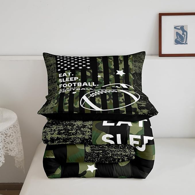 Feelyou Twin Football Bedding Set for Kids Toddler Camo American Flag Comforter Set for Boys Girls Rugby Sports Comforter Teens Soccer Duvet Set Microfiber Bed Set