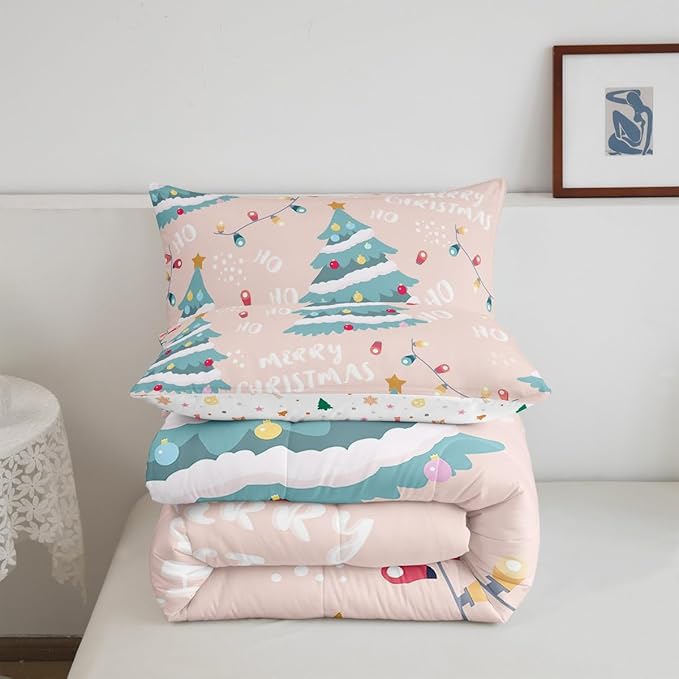 Erosebridal Christmas Tree Comforter Set for Kids Teens Adult,Xmas Bedding Twin,Happy New Year Comforter Sets,Winter Festivals Duvet Insert with 1 Pillow Sham, Pink