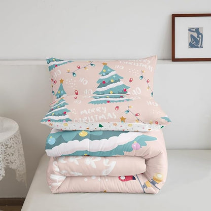 Erosebridal Christmas Tree Comforter Set for Kids Teens Adult,Xmas Bedding Twin,Happy New Year Comforter Sets,Winter Festivals Duvet Insert with 1 Pillow Sham, Pink