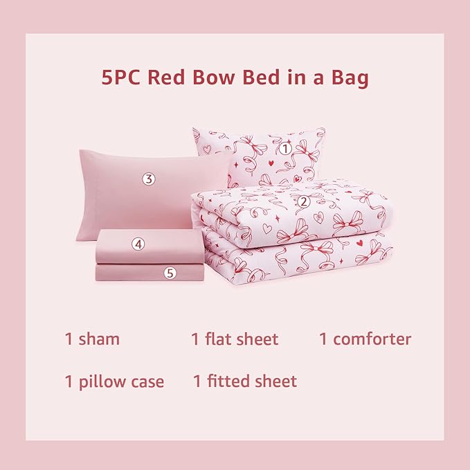 Twin XL Comforter Set for Girls, Red Bow Bedding Set Reversible with Cute Heart, All Season Kids Dorm Bed in a Bag 5 Pieces with Sheets, Pillowcase & Sham