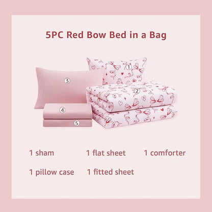 Twin XL Comforter Set for Girls, Red Bow Bedding Set Reversible with Cute Heart, All Season Kids Dorm Bed in a Bag 5 Pieces with Sheets, Pillowcase & Sham