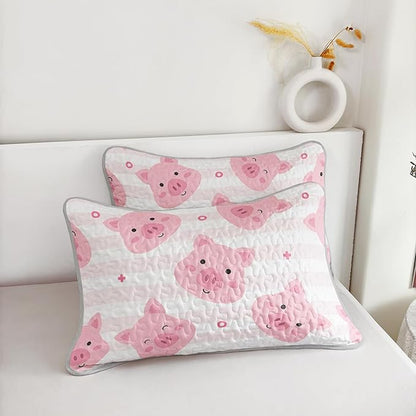 AILONEN Kids Cute Pig Quilt Full Size Bedding Set & 2 Pillowcases,Cartoon Pig Bedspresd Coverlet,3Pcs Pink White Stripes Printed Quilt Set,All Season