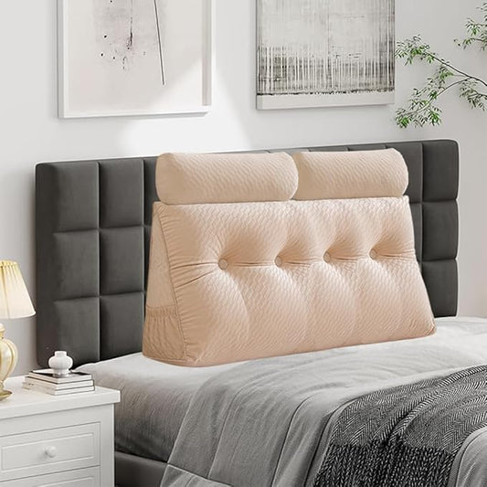 Velvet Triangular Headboard Wedge Pillow With Roll Pillow,Removable Cover Headboard Pillow Daybed Bunk Bed,Backrest Positioning Support Pillow Resting Reading Relaxing (Beige, Full(54 * 20 * 8in))