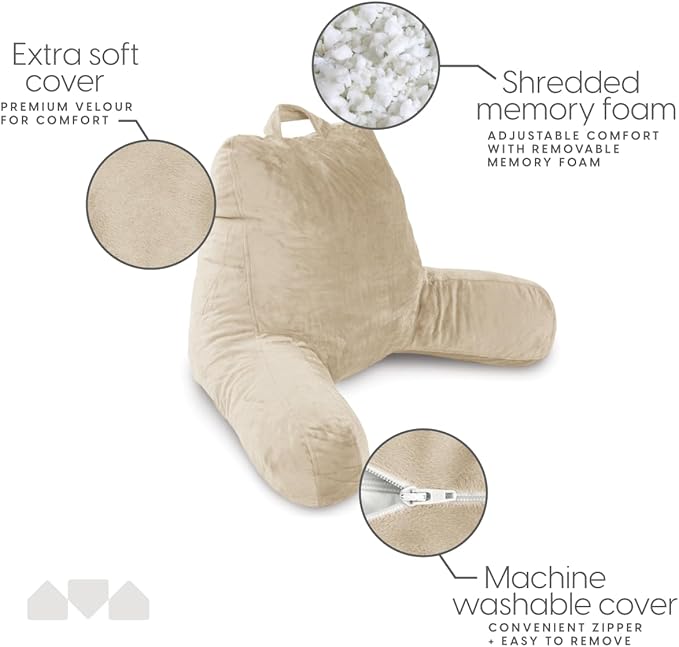 Milliard Reading Pillow with Arms, Cream, Shredded Memory Foam Back Pillow for Bed Sitting Up - Sit Up Backrest Support for Reading & Rest Bed - Washable Cover, Adjustable Comfort, CertiPUR Certified