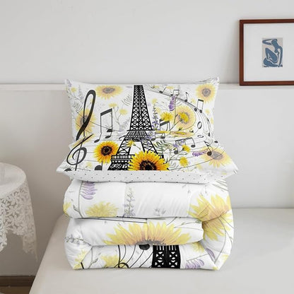 Feelyou Eiffel Tower Kids Comforter Set Cute Sunflower Bed Sheet Set for Boys Children Teens Bedroom Decor Paris Tower Bedding Set Set Floral Music Themed Bed Cover Twin Size with 1 Pillow Case