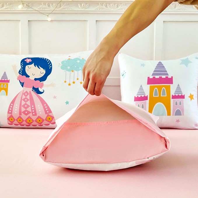 ANGIYUIN Princess Fairy Tales Bedding Set Queen Cartoon Rainbow Love Kids Bed in A Bag with Sheets Cute and Soft Bedding Comforter Set for All Season(Princess, Rainbow, Castel, White)