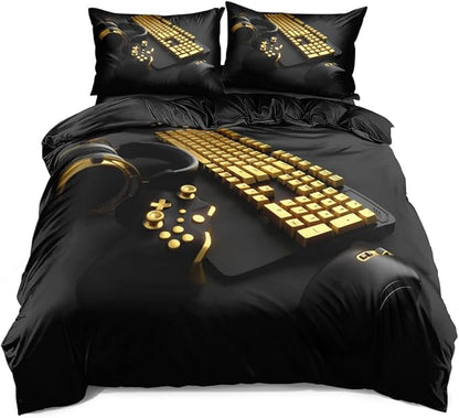 King Size Duvet Cover Set and Comforter Cover with Pillowcases – Gold Gamepad Print for Ultimate Gamer Bedroom Decor – Bedding Set for Boys & Girls – Fun & Playful Atmosphere