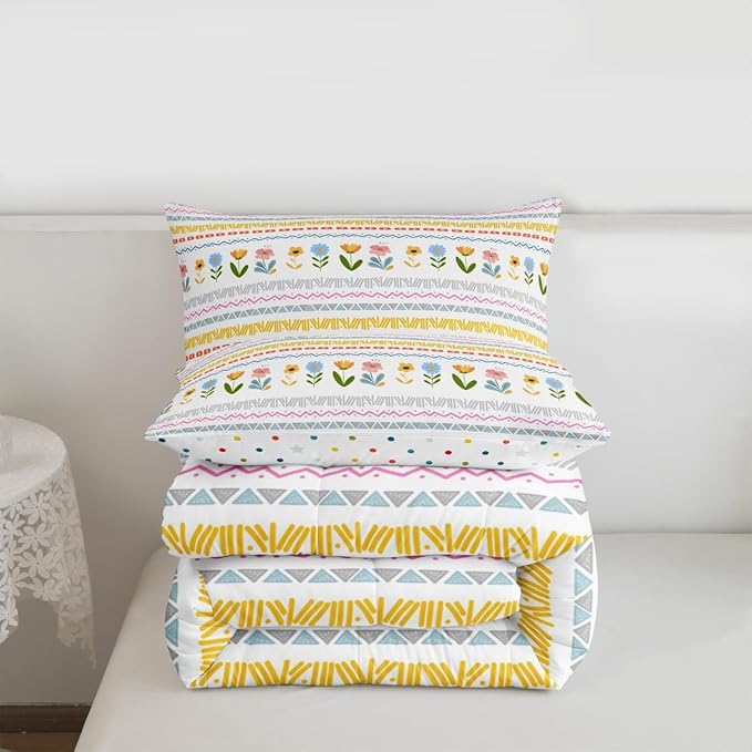 Castle Fairy Boho Floral Kids Comforter Set Twin Size,Watercolor Groovy Flowers Christmas Reversible Bedding Set for Teens Bedroom,Tribal Aztec Stripes Quilted Duvet with 1 Pillowcase