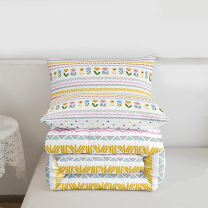 Castle Fairy Boho Floral Kids Comforter Set Twin Size,Watercolor Groovy Flowers Christmas Reversible Bedding Set for Teens Bedroom,Tribal Aztec Stripes Quilted Duvet with 1 Pillowcase