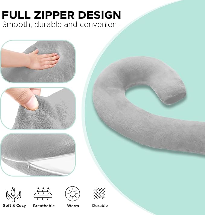 Body Pillow for Adults - Soft Long Bed Pillows Insert for Sleeping - Shredded Memory Foam and Removable Washable Cover - Swan Shaped Side Sleeper Pregnancy Pillow 49 Inch (Grey)