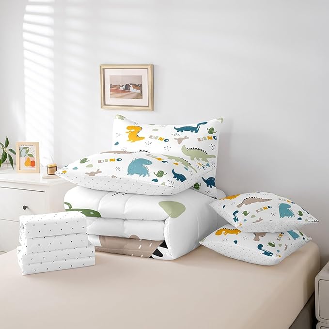 Feelyou Cute Dinosaur Comforter Set with Sheets 7 Piece Twin Size Cartoon Cactus Bedding Set Decor Jungle Dino Boho Succulent Bed in a Bag Wild Animal Pattern Yellow Grey Bed Set Bedroom