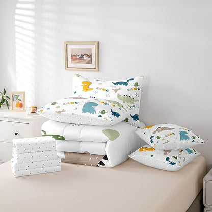 Feelyou Cute Dinosaur Comforter Set with Sheets 7 Piece Twin Size Cartoon Cactus Bedding Set Decor Jungle Dino Boho Succulent Bed in a Bag Wild Animal Pattern Yellow Grey Bed Set Bedroom