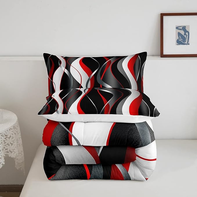 Feelyou Red Grey Black Comforter Set Geometric Spiral Pattern Duvet Set for Kids Boys Girl Modern Abstract Inner Fill Bedding Set Grey White Comforter 1 Comforter Set with 2 Pillowcases Queen Size